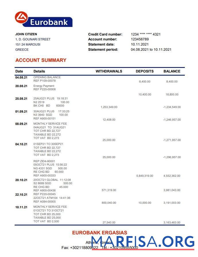 Realistic Greece Eurobank Ergasias bank statement excel sample